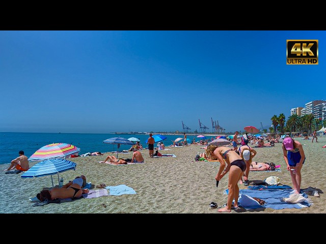 Malaga, Spain Beach Walk: Chiringuitos & Sunbeds [4K] | La Malagueta to the Port