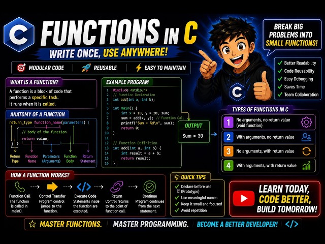 Functions in C Programming Explained |Function Declaration Definition & Function Call|C Tutorial #16