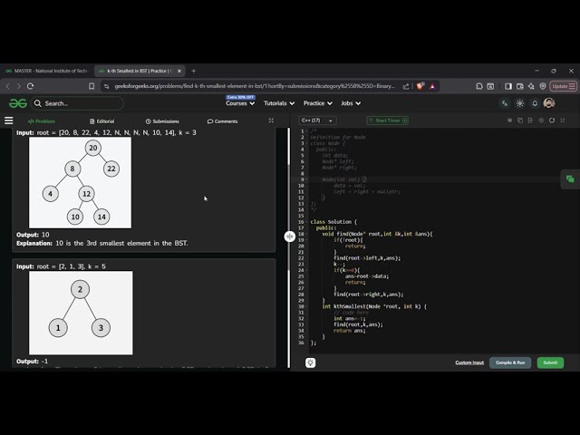 K-th Smallest in BST | GFG Solution in C++ | Inorder Traversal Explained