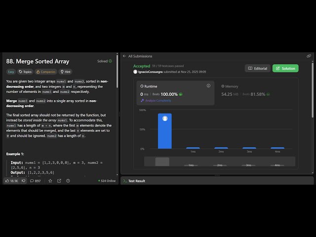 LeetCode 88. Merge Sorted Array mergeSorted Array, javascript. Runtime 100%, memory 81%.