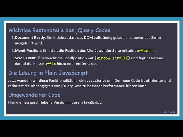 Wie man jQuery-Code in Plain JavaScript für die HTML Affix Funktionalität umwandelt