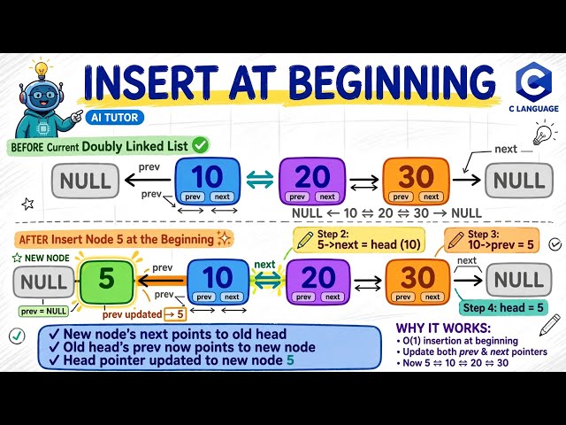 Insertion at Beginning in Doubly Linked List in C | Step-by-Step Explanation with Dry Run