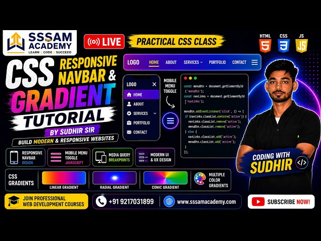 Responsive Navbar & CSS Gradient Tutorial 🔥 by Sudhir Sir | Media Query & JavaScript Menu