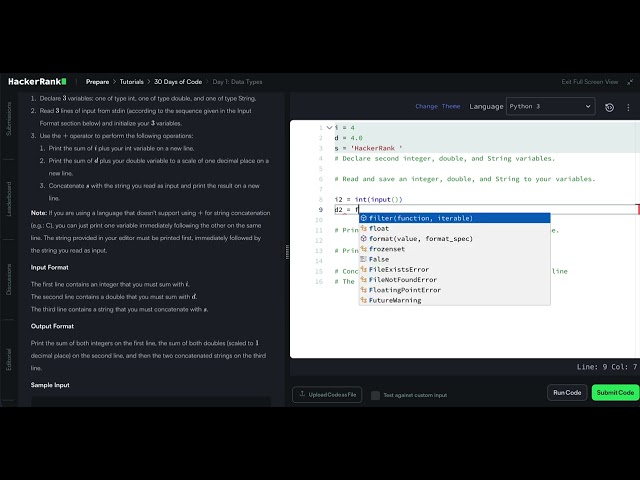 HackerRank Python 30 Days of Code - Day 1: Data Types
