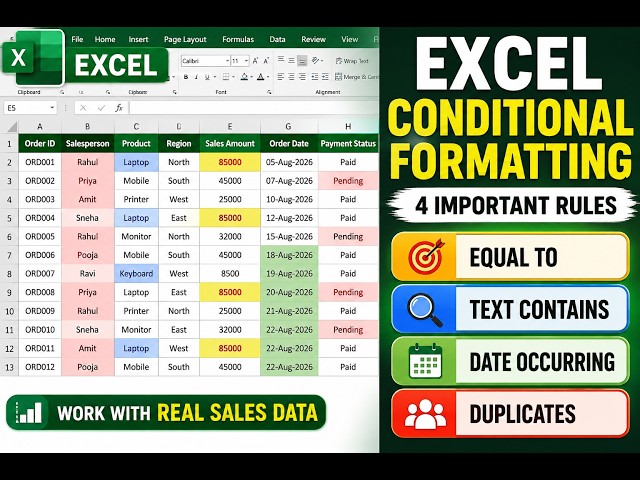 Excel Conditional Formatting | Highlight Cells Rules | Equal To, Text Contains, Date & Duplicates