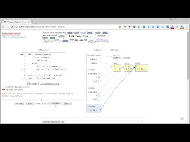 Demo of visualizing Python code execution using pythontutor.com