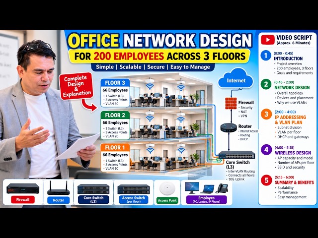 Office Network Design for 200 Employees Across 3 Floors