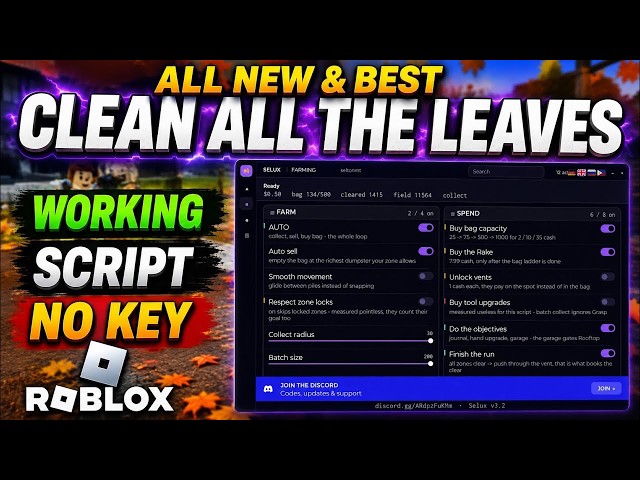 NO KEY NEW Clean All The Leaves Script Auto Clean,Collect,Sell  More BestRoblox#roblox #robloxscript