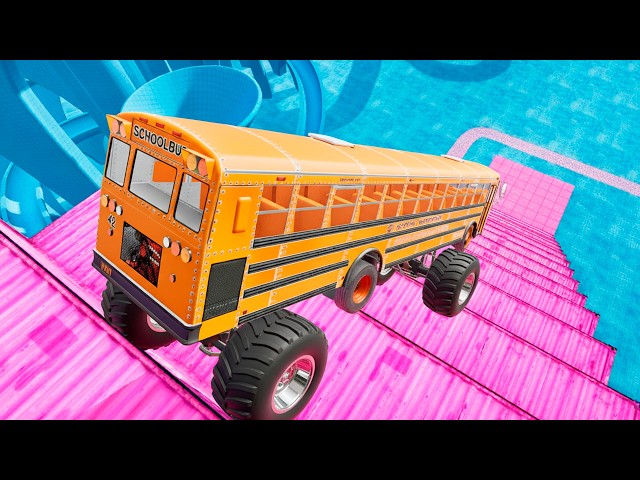 BeamNG Drive Crash Test – USA School Bus Stairs Jumps Down Full Speed Impact