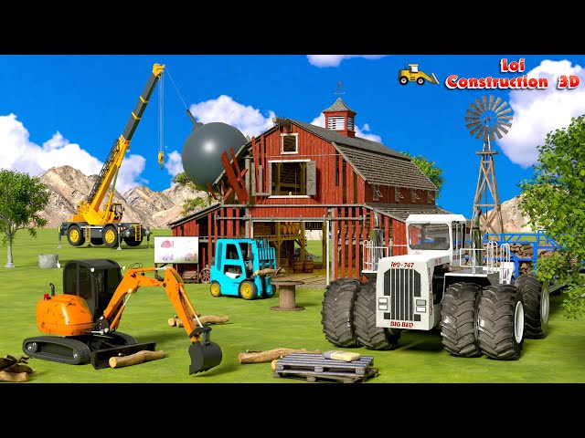 Construction Works: Excavator & Loader Build Giant Barn with Wrecking Ball!