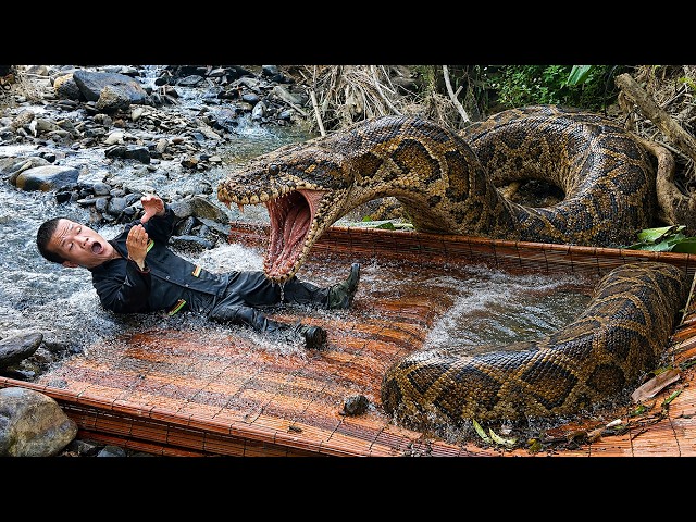 Dwarf Family Encounter Giant Python While Setting Fish Traps - Wild Giant Water Python