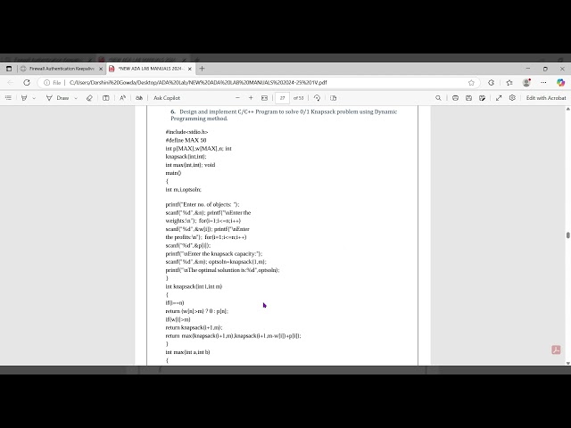 BCSL404 knapsack|| ADA lab 0/1 Knapsack program