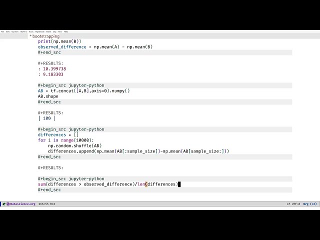 bootstrapping difference mean samples with emacs and python