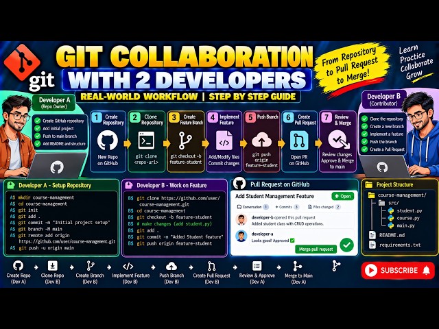 Git Collaboration Workflow | 2 Developers, Branches, Pull Request & Merge
