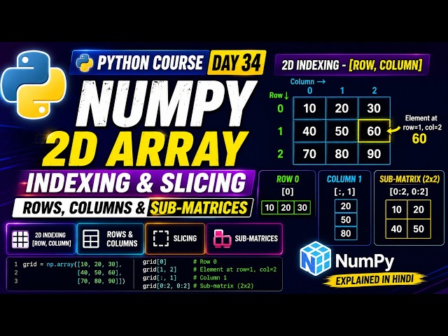 Python Course Day 34 | NumPy 2D Array Indexing & Slicing in Python | Rows, Columns & Sub-Matrices