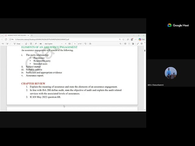 ADVANCE AUDIT ASSURANCE GENERAL CLASS CHAPTER ONE: MEANININTRODUCTION TO AUDIT AND ASSURANCE