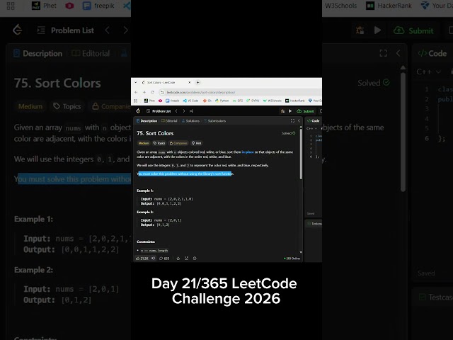 Day 21/365 Leetcode Challenge 🚀 | Problem No. 75  Sort Colors 🔥| #dailycoding #coding