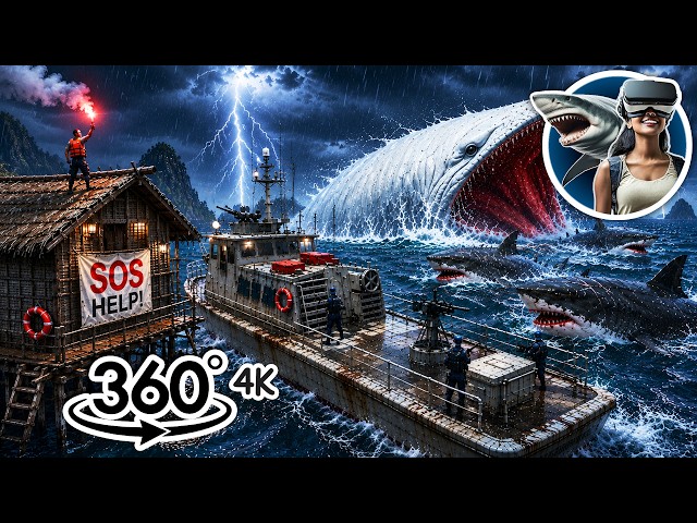 Sharks Attack as the Sea Level Rises Around the Beach - 360° 4K