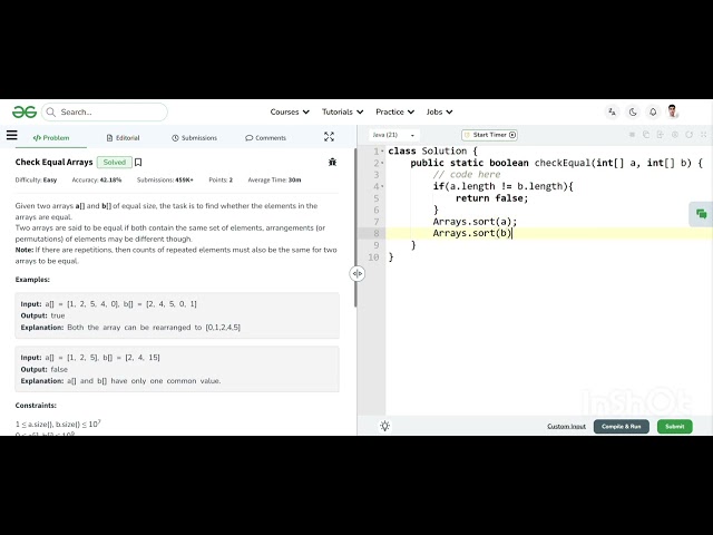 Check Equal Arrays | GFG Easy Problem | Java DSA
