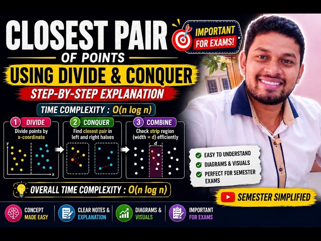 2.4 Closest Pair of Points Using Divide & Conquer | O(n log n) | Step-by-Step Explanation