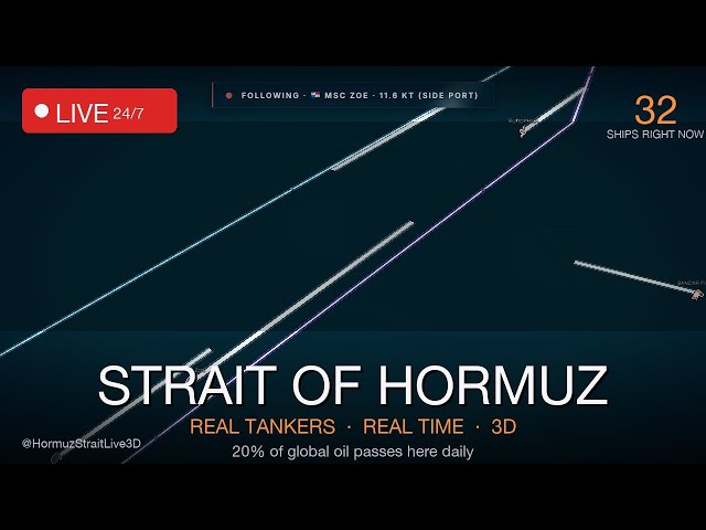🛢️ AMBIENT LIVE · Strait of Hormuz · 24/7 Real-Time 3D · Iran Oil Tanker Watch