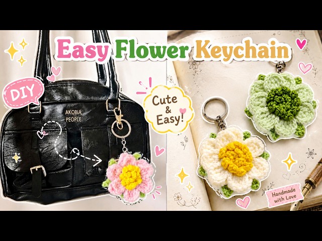 How to Crochet a Flower Keychain 🌸 | Cute Bag Keyring Step-By-Step Beginner Friendly Tutorial