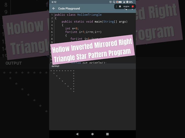 Hollow Inverted Mirrored Right Triangle Star Pattern program | Java program #Java #Programming