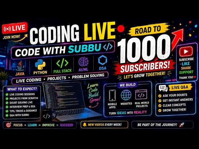 Coding LIVE | Java, Python, Full Stack, AI/ML & DSA | Road to 1000 Subscribers 🚀 #live #livestream