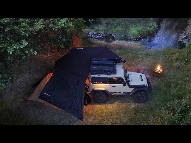 Me and My Dog Camping under a Cozy Awning Shelter 🏕️ Rain Forest Creek, food cooked on fire, ASMR