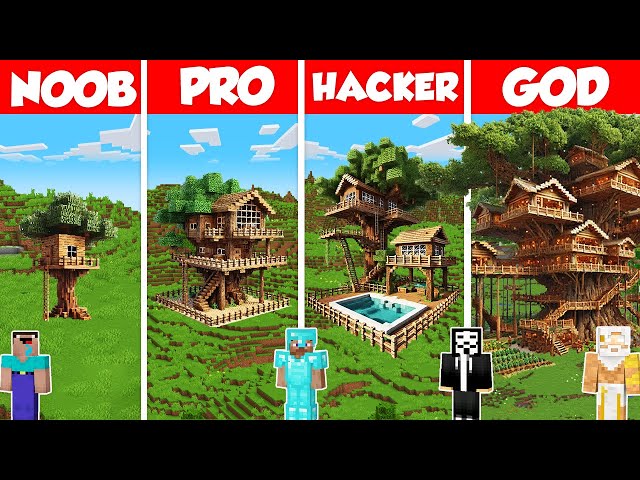 Tree House Build Battle Challenge - Noob vs Pro vs Hacker vs God - Minecraft Animation