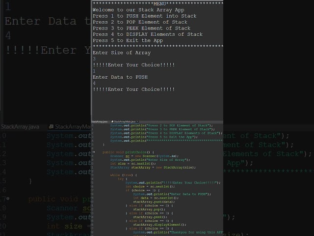StackArrayMain.java || StackArrayMain Class in Java | Stack Using Array with Output (Short)