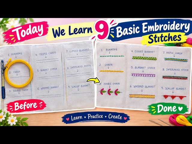 9 Basic Embroidery Stitches | Step-by-Step Full Detailed Embroidery Tutorial for Beginners