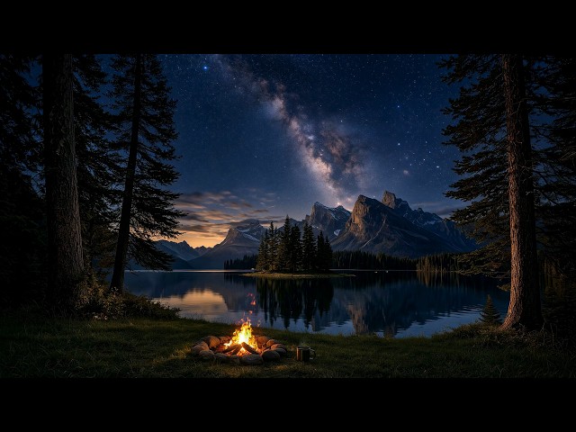12H CAMPFIRE (No Mid Ads) 🌙 Deep Sleep by Night Lake with Soft Fire and Relaxing Crickets 🌌