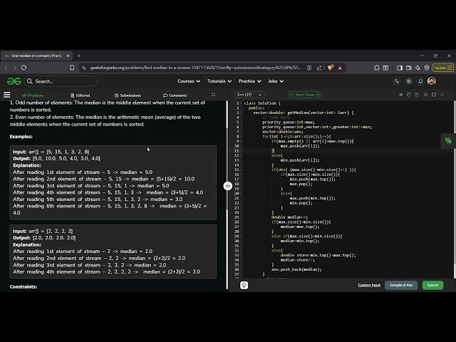 Find Median in a Stream | GFG Solution in C++ | Two Heaps Approach Explained