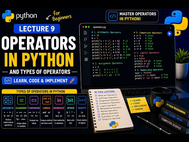 Lecture 9 | Python Operators | Code examples | Arithmetic, Assignment, Comparison, Logical & More