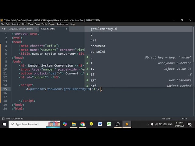 HTML & JS ki help se number system converter bnana jo decimal ko bin oct hexa me badalta hai  #sdi