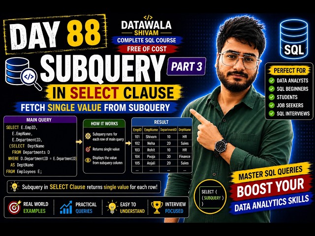 Day 88 | SQL Subquery in SELECT Clause Explained | Subquery Part 3 | Practical Examples