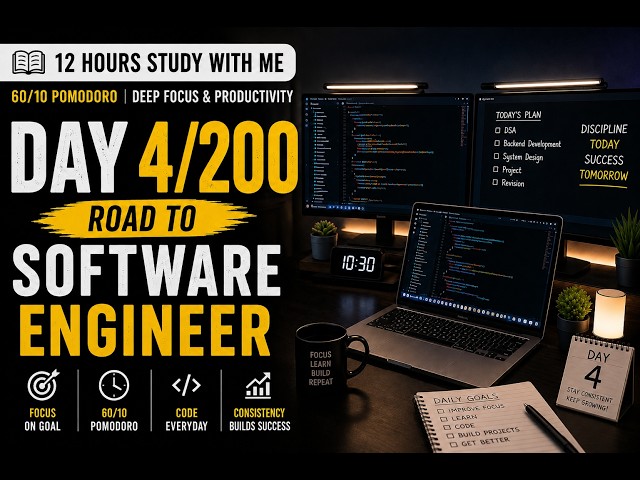 12 Hours Study With Me 💻 | Day 3/200 — Road to Software Engineer (60/10 Pomodoro Deep Focus)