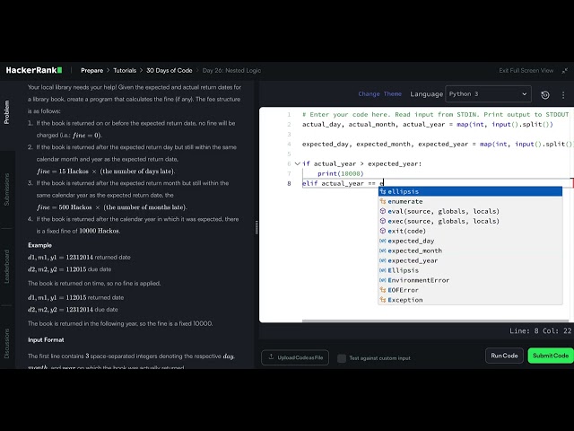 HackerRank Python 30 Days of Code - Day 26: Nested Logic