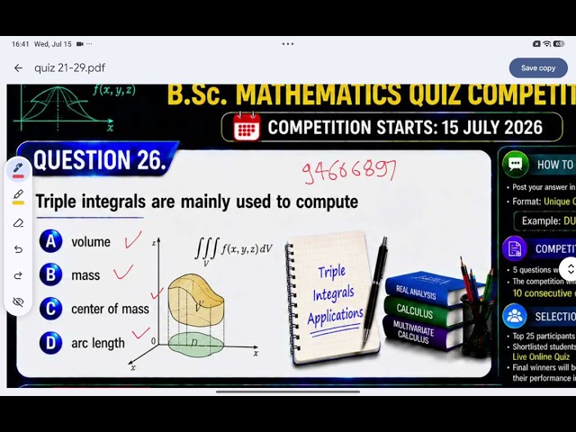 Question 26 | Applications of Triple Integrals | YouTube Academic Challenge 2026 | B.Sc. Mathematics