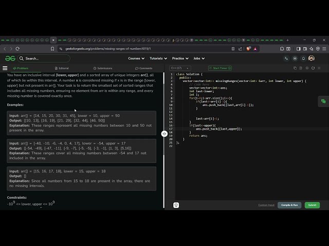 Missing Ranges of Numbers | GeeksforGeeks GFG Solution in C++ | Arrays | DSA