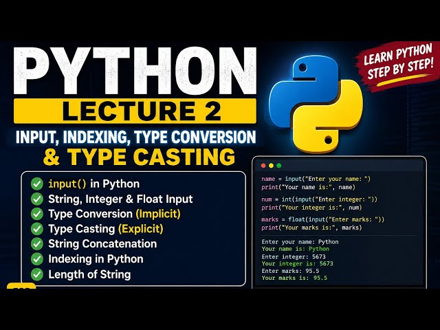 PYTHON ( TAKE INPUT IN PYTHON, TYPE CONVERSION, TYPE CASTING AND INDEXING )