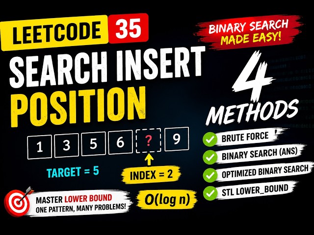 LeetCode 35 – Search Insert Position | 4 Ways Explained (Binary Search + Lower Bound)