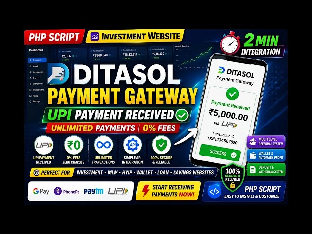 🚀 DITASOL Payment Gateway PHP Script | UPI Payment Integration in 2 Minutes | Investment Website