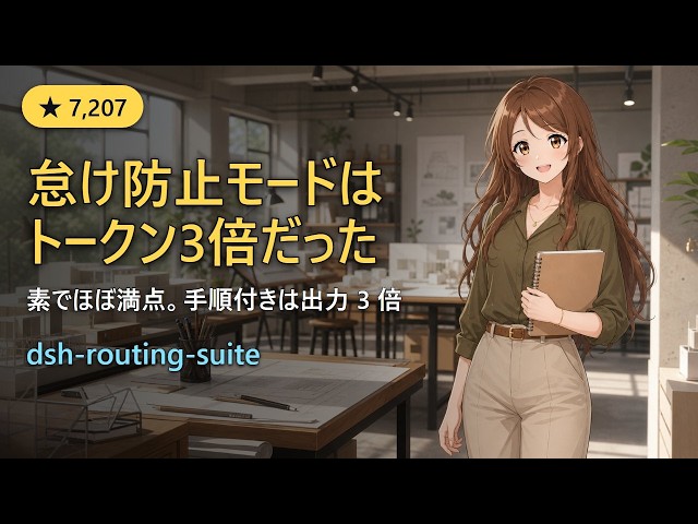 「dsh-routing-suite」の怠け防止モードを12本で試してみた｜素の状態でほぼ満点・手順付きは出力トークン約3倍
