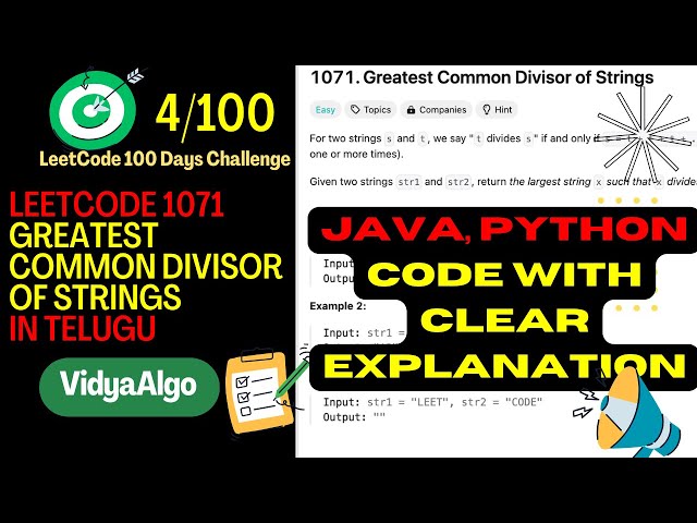 LeetCode 1071: Greatest Common Divisor of Strings Explained – Easy Approach in Telugu | Day 4/100