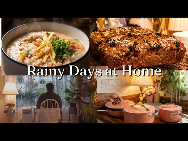 Rainy Ohio days with slow cooking and new Caraway cookware, making chicken rice congee