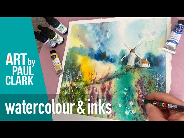 How to Paint a Meadow of Wild Flowers with a Windmill in Watercolour and Ink
