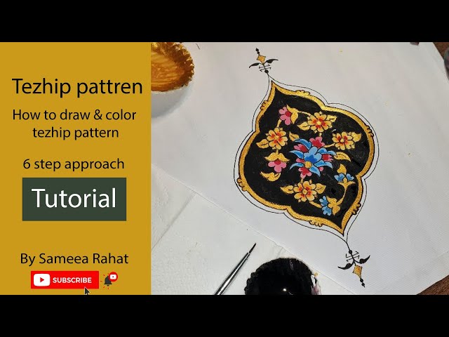 Tezhip tutorial - How to draw Turkish traditional patterns & colouring flowers using gold & acrylic.