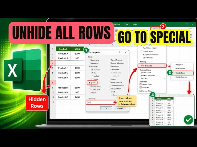 How to Unhide Rows Using Go To Special in Excel